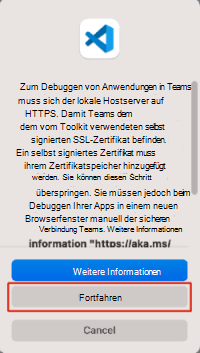 Screenshot: Aufforderung zum Installieren eines SSL-Zertifikats, damit Teams Ihre Anwendung von localhost auf dem Mac laden kann