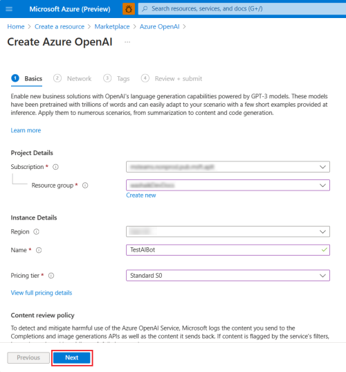 Screenshot: Azure Open AI-Abonnement und Ressourcengruppe