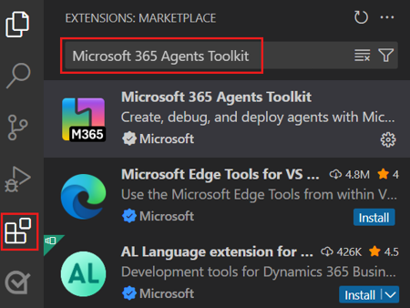 Screenshot: Suche nach Agents Toolkit und Ergebnis