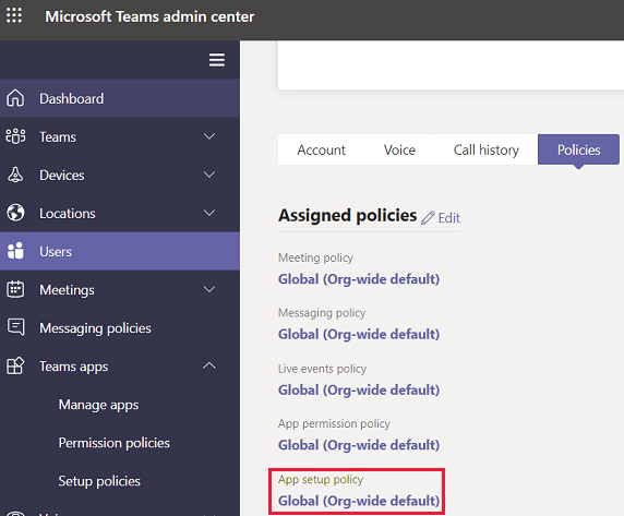 Screenshot des Microsoft Teams Admin Center-Fensters. Zugewiesene Richtlinien werden auf der Registerkarte Richtlinien aufgelistet.