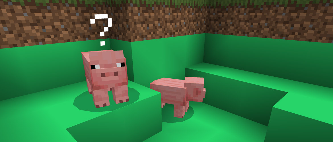Bild, das ein Schwein zeigt, das durch die Umgebung mit grünen Erdblöcken sehr verwirrt ist.
