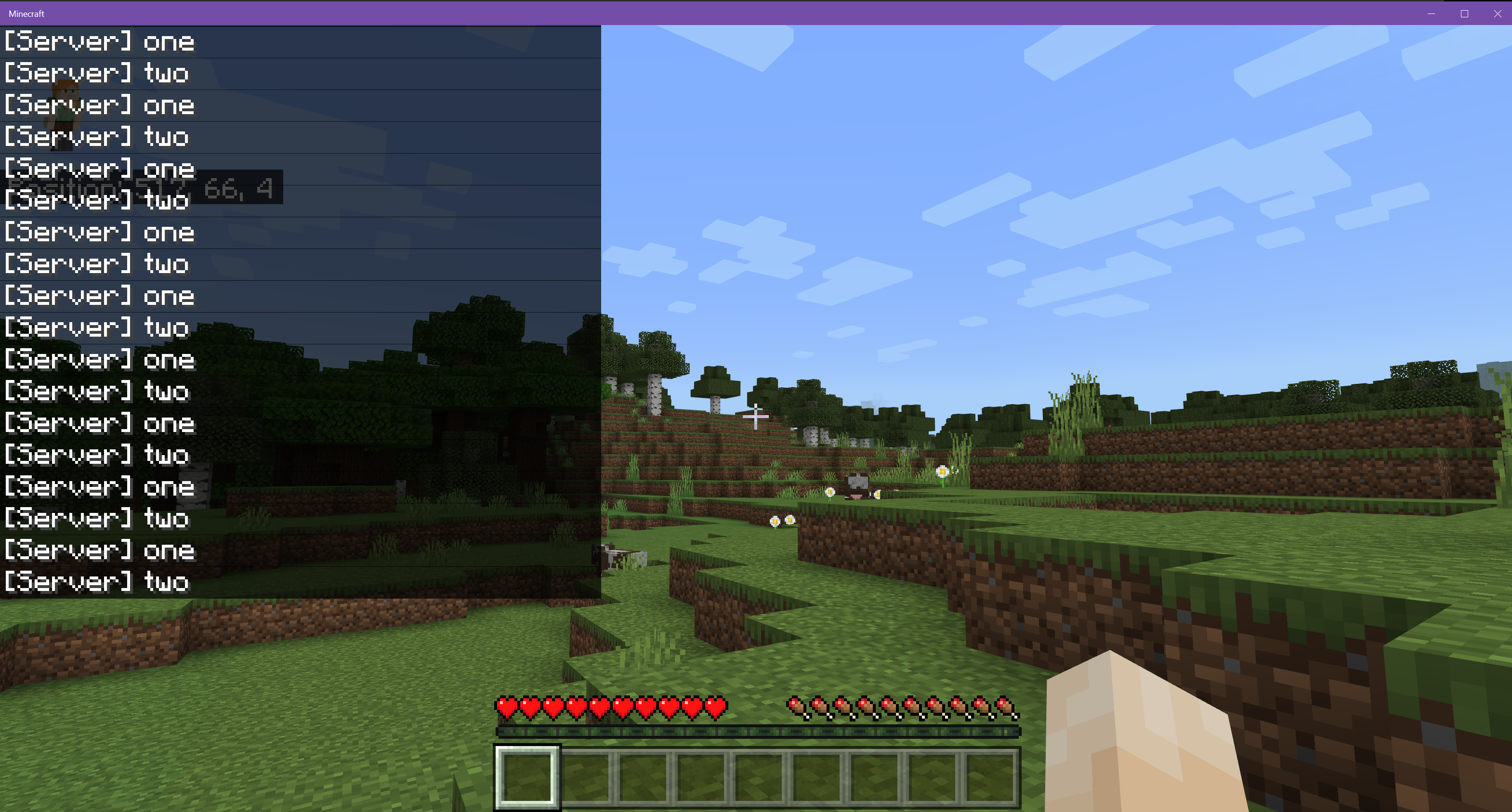 Chatbereich des Bildschirms, in dem wiederholte Meldungen angezeigt werden, [Server] eins [Server] zwei