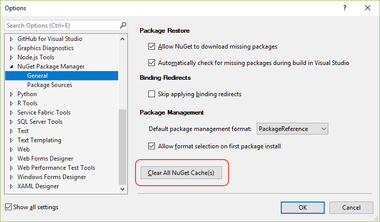 NuGet option command for clearing caches