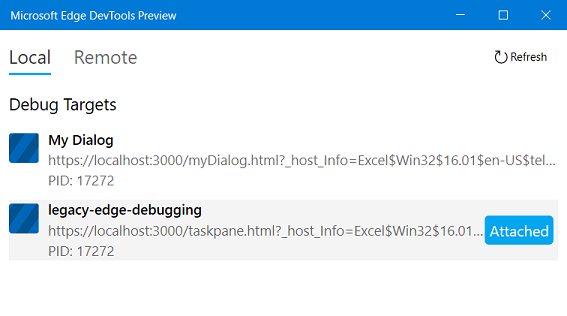 Edge DevTools zeigt einen Prozess mit dem Namen Mein Dialog an.