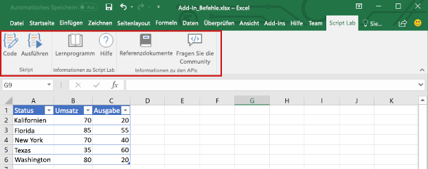 Add-In-Befehle in Excel.