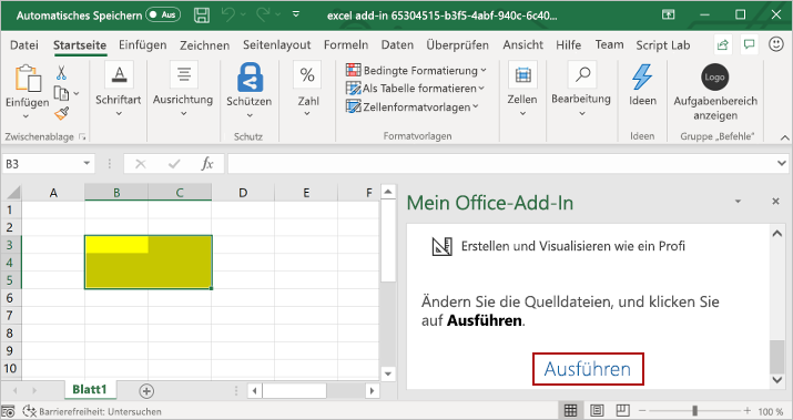 Excel mit geöffnetem Add-In-Aufgabenbereich und hervorgehobener Schaltfläche 