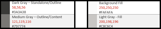 Die vier Graustufen in monoline: Dunkelgrau für eigenständige Oder Kontur, mittelgrau für Kontur oder Inhalt, sehr hellgrau für Hintergrundfüllung und Hellgrau für Füllung.