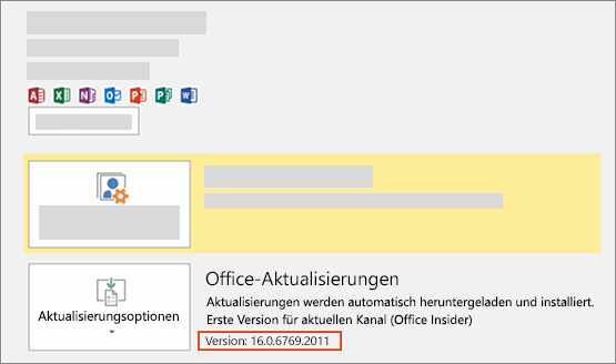 Produktinformationen, einschließlich der Versionsnummer, mit der Bezeichnung Office Insiders.