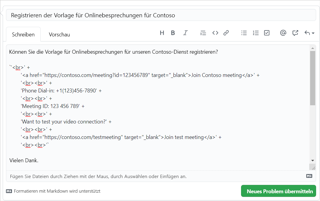 Ein neuer GitHub-Problembildschirm mit Contoso-Beispielinhalten.