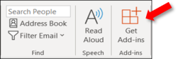 Outlook unter Windows-Menüband, das auf die Schaltfläche Add-Ins abrufen zeigt.