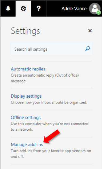 Outlook im Web Screenshot, der auf die Option Add-Ins verwalten zeigt.
