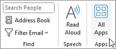 Die Schaltfläche Alle Apps ist in Outlook unter Windows ausgewählt.