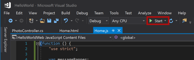 Die in Visual Studio hervorgehobene Startschaltfläche.