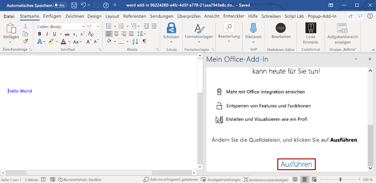 Die Word-Anwendung mit geladenem Aufgabenbereich-Add-In.