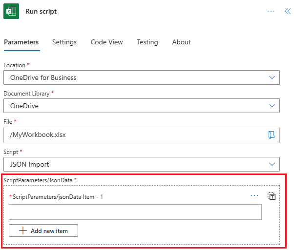 Ein Excel Online (Business)-Connector, der eine Skriptausführungsaktion mit dem jsonData-Parameter anzeigt.