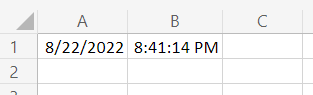 Die Arbeitsmappe mit Datums- und Uhrzeitwerten in den Zellen A1 und B1.