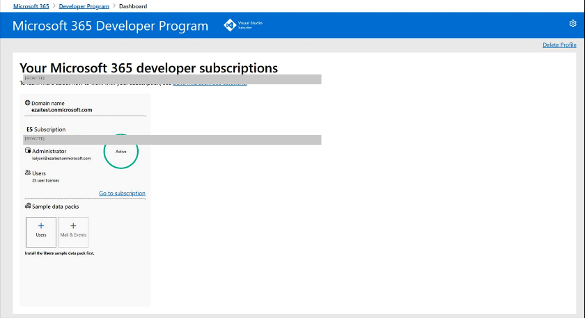 Microsoft 365 Developer Program Dashboard mit aktivem Abonnement mit Domänenname, Administrator und Beispieldatenpaketen
