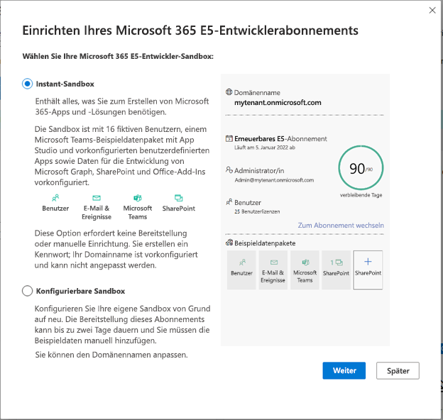 Screenshot des Dialogfelds „Microsoft 365 E5-Entwicklerabonnement einrichten“