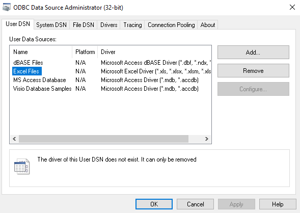 Screenshot des ODBC-Datenquellenadministrators, in dem die Fehlermeldung zusammen mit der Plattform angezeigt wird.
