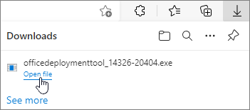 Screenshot, der den Link „Datei öffnen“ unter dem Dateinamen im Fenster „Downloads“ zeigt.