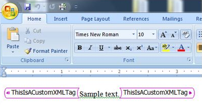 Screenshot des benutzerdefinierten XML-Markups in einem Word-Dokument.