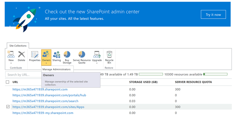 Die Option Besitzer, die auf der Registerkarte Websitesammlungen ausgewählt ist.