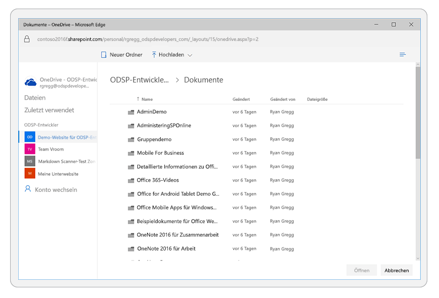 Screenshot der OneDrive-Dateiauswahl zum Öffnen einer Datei