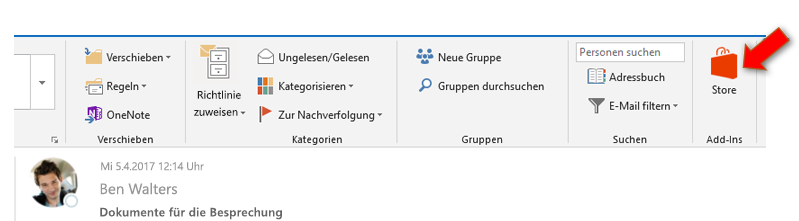 Ein Screenshot der Schaltfläche „Store“ in Outlook 2016 unter Windows.