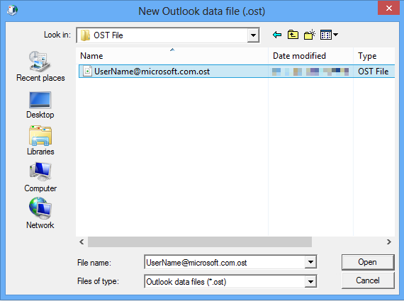 Screenshot des Fensters „Neue Outlook-Datendatei“, in dem die neue OST-Datei angezeigt wird.