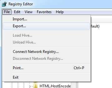 Screenshot des Menüs „Datei“ im Registrierungs-Editor.