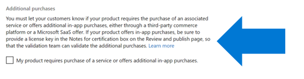 Screenshot des Schritts für zusätzliche Einkäufe mit deaktiviertem Kontrollkästchen, der angibt, dass ein Dienst gekauft oder In-App-Einkäufe angeboten werden müssen.