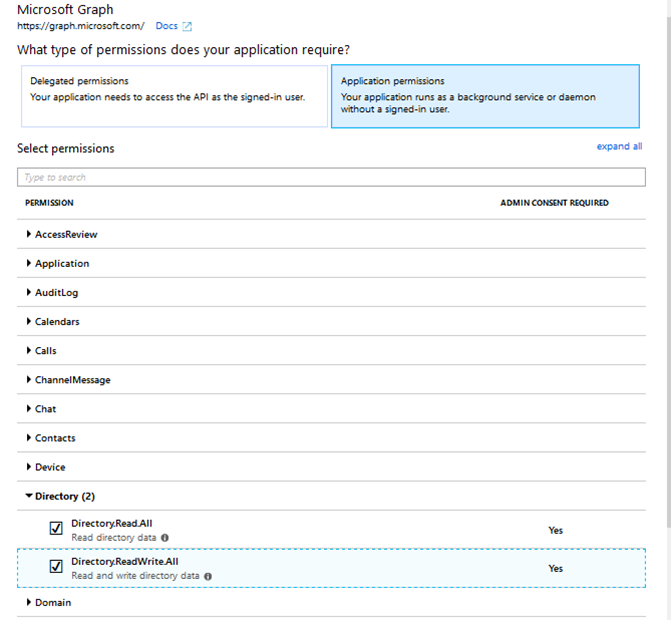 Screenshot showing how to set the application permissions.