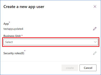Screenshot of Test Drive create new app user business unit.