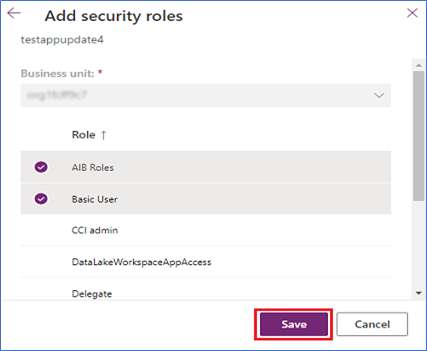 Screenshot of Test Drive create new app user security roles.