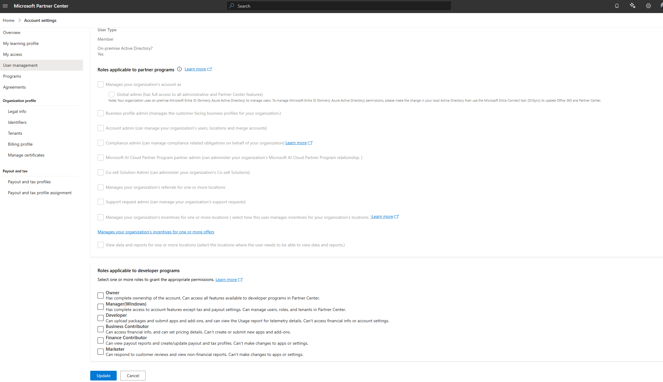 Screenshot der Rollenzuweisungsseite für Marketplace-, Microsoft 365- und Copilot-Entwicklerprogramme.