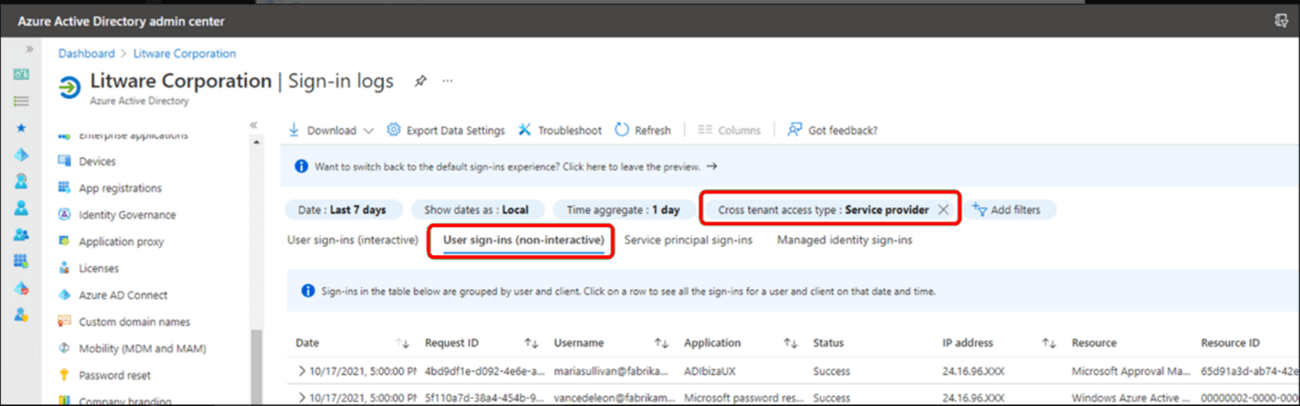 Screenshot of Microsoft Entra admin center, adding a filter Cross-tenant access type:Service provider on the User-sign ins.