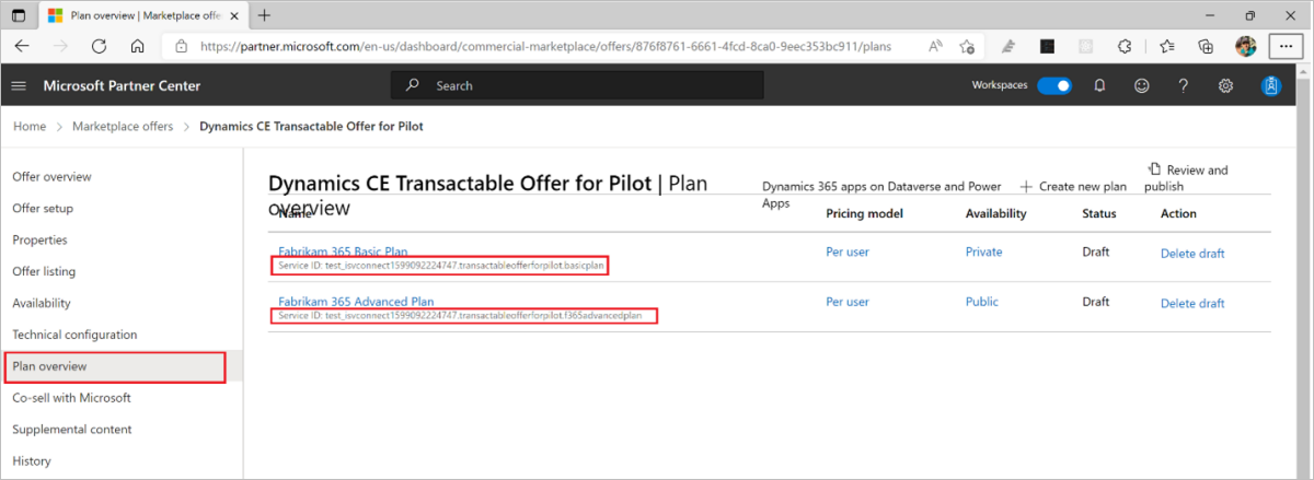 Screenshot: Seite „Planübersicht“ mit hervorgehobener Dienst-ID für den Plan