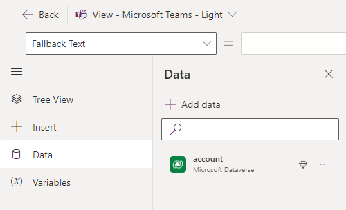 Screenshot des Dataverse Kontotabellen-Connectors, der einer Karte im Karten-Designer hinzugefügt wurde.