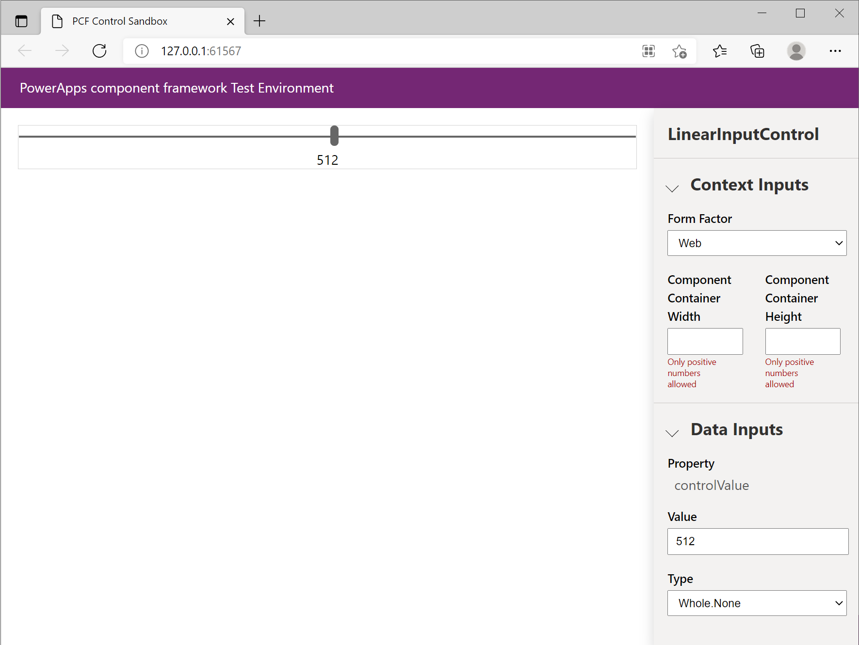 Screenshot der Dateneingabefelder des Test-Harness für die Eigenschaften der Codekomponente.