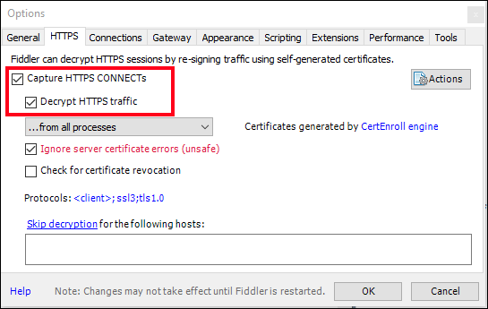 Screenshot der HTTPS-Optionen in Fiddler zum Erfassen und Entschlüsseln von HTTPS-Datenverkehr.