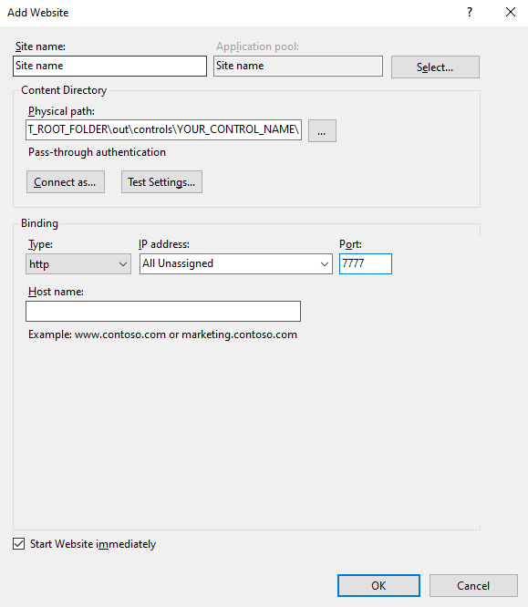 Screenshot der IIS-Einstellungen für das Hosten von Codekomponentendateien auf einer lokalen Website.