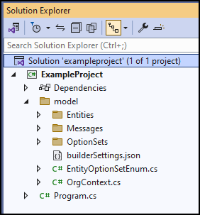 Beispielausgabe des Befehls „pac modelbuilder Build“ im Visual Studio Explorer
