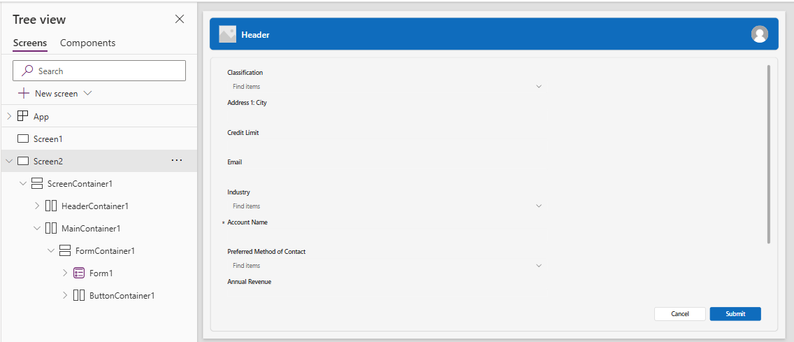 Screenshot mit dem Bildschirm „Kopfzeile und Formular“.