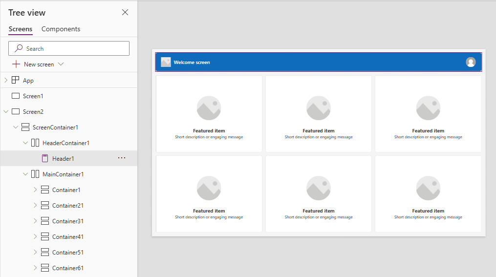 Screenshot, der zeigt, was angezeigt wird, wenn Sie über die Schaltfläche „Neuer Bildschirm“ einen Willkommensbildschirm Layout hinzufügen.