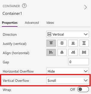 Vertical overflow-Eigenschaft des auf Scrollen gesetzten Containers.