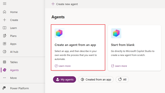 Screenshot des Erstellens eines Agents aus einer App