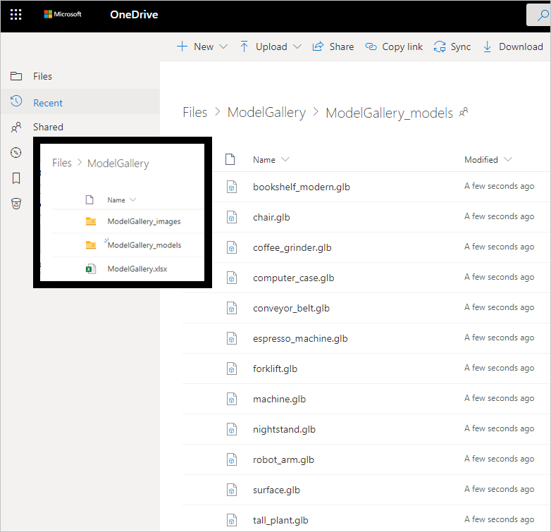 Ein Screenshot von OneDrive mit der Excel-Arbeitsmappe „ModelGallery“ und den dazugehörigen 3D-Modelldateien.