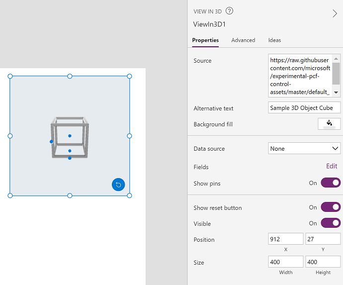 Ein 3D-Inhaltssteuerelement, das neben der Registerkarte „Eigenschaften“ in Power Apps Studio angezeigt wird.