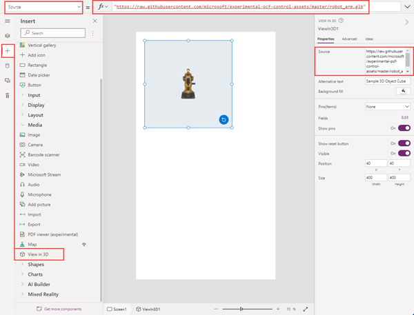 Ein Screenshot eines „3D-Objekt“-Steuerelements im Aufbau in Microsoft Power Apps Studio mit angezeigter Source-Eigenschaft.