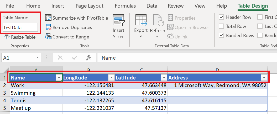 Ein Beispiel für ein Excel-Arbeitsblatt mit einer Tabelle namens TestData, die Informationen enthält, die zum Platzieren von Wegpunkt-Stecknadeln auf einer Karte erforderlich sind.